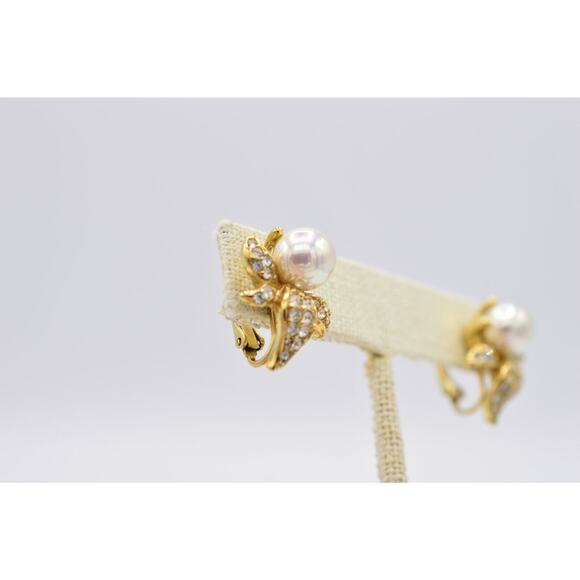 Atwood & Sawyer Vintage Clip Earrings Pearl Flower Crystal Gold A&S Signed BinZ - Picture 7 of 10